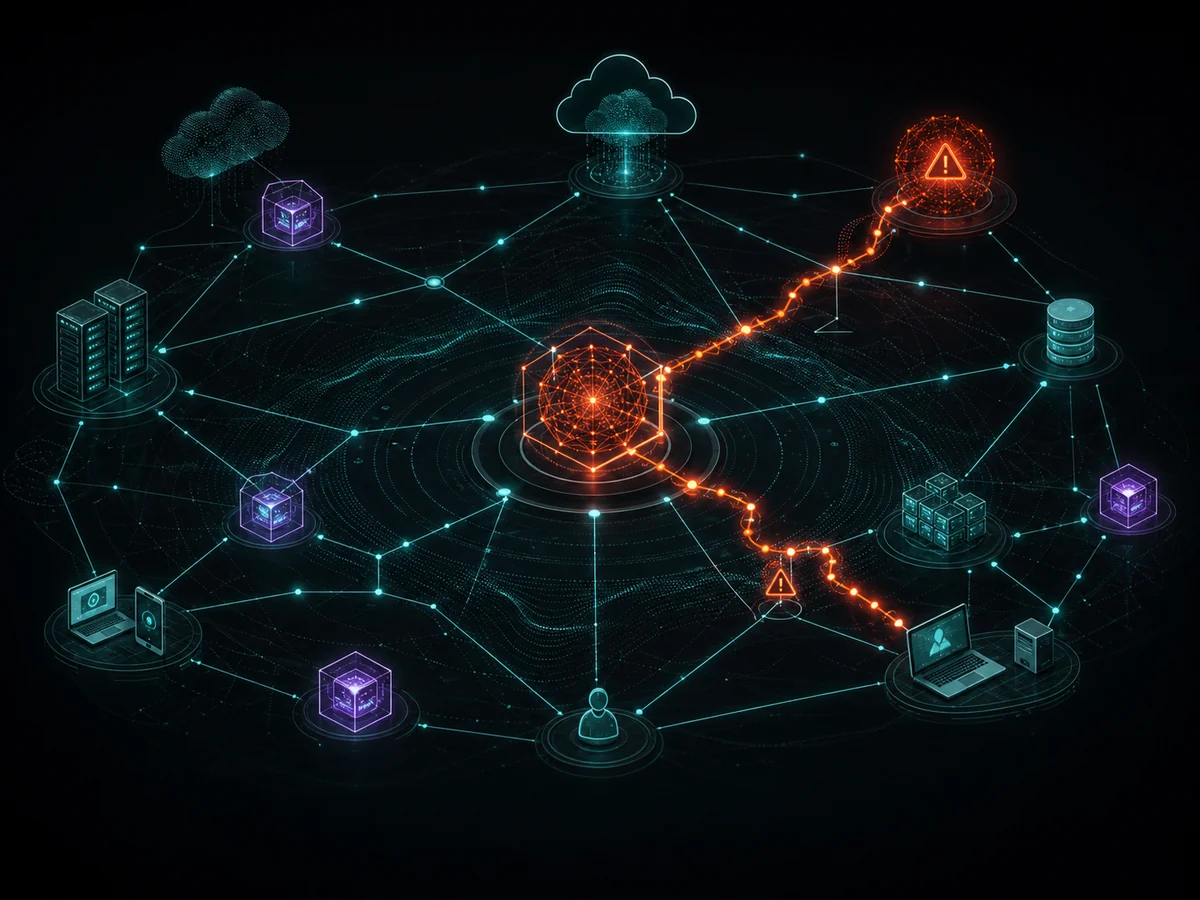 Behavioral telemetry map highlighting an anomalous path across users, devices, and cloud workloads